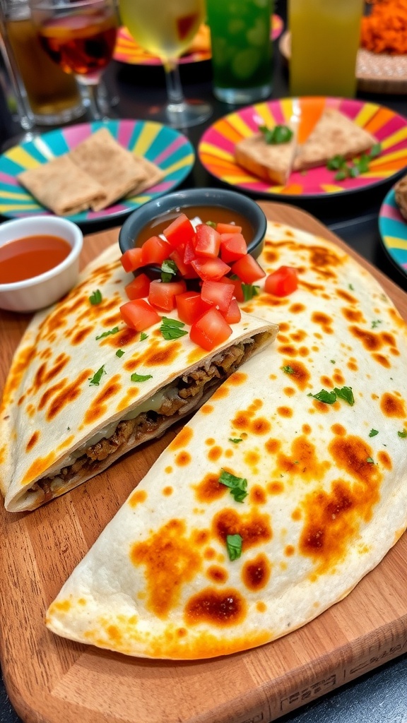 Crispy burger quesadilla filled with beef and cheese, served with dipping sauce and fresh toppings.